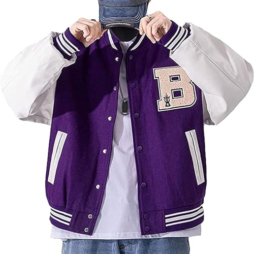 SPSMOKH Varsity College-Jacke für Herren, Baseballjacken, Hip-Hop-Jacken, Pelzknochen-Farbblock, Streetwear, Patchwork-Muster, Baseball-Mäntel, Flieger-Bomberjacke (lila, S) von SPSMOKH