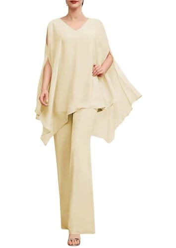 SPSMOKH Zweiteiliges Chiffon-Hosenanzug-Set für die Mutter der Braut, Abendparty, Hosen-Set für Damen, Hochzeitsgästekleid-Set (10, Champagner) von SPSMOKH