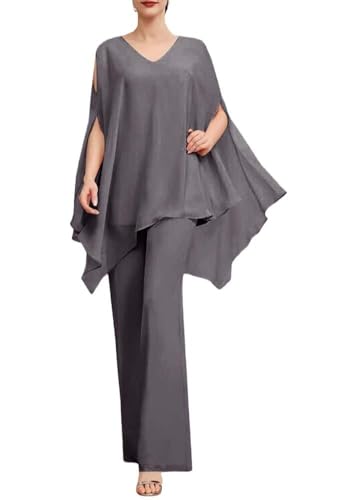 SPSMOKH Zweiteiliges Chiffon-Hosenanzug-Set für die Mutter der Braut, Abendparty, Hosen-Set für Damen, Hochzeitsgästekleid-Set (10, Hellgrau) von SPSMOKH