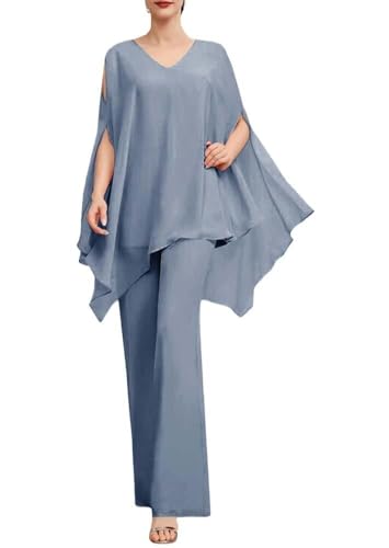 SPSMOKH Zweiteiliges Chiffon-Hosenanzug-Set für die Mutter der Braut, Abendparty, Hosen-Set für Damen, Hochzeitsgästekleid-Set (10, Staubblau) von SPSMOKH