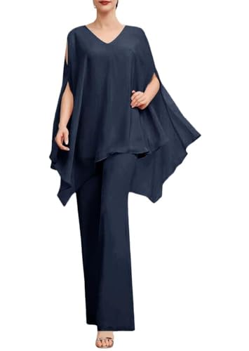 SPSMOKH Zweiteiliges Chiffon-Hosenanzug-Set für die Mutter der Braut, Abendparty, Hosen-Set für Damen, Hochzeitsgästekleid-Set (12, Marineblau) von SPSMOKH