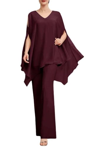 SPSMOKH Zweiteiliges Chiffon-Hosenanzug-Set für die Mutter der Braut, Abendparty, Hosen-Set für Damen, Hochzeitsgästekleid-Set (12, dunkles Burgunderrot) von SPSMOKH