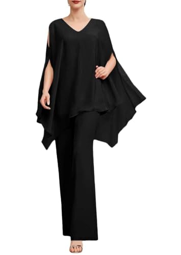 SPSMOKH Zweiteiliges Chiffon-Hosenanzug-Set für die Mutter der Braut, Abendparty, Hosen-Set für Damen, Hochzeitsgästekleid-Set (12, schwarz) von SPSMOKH