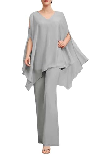 SPSMOKH Zweiteiliges Chiffon-Hosenanzug-Set für die Mutter der Braut, Abendparty, Hosen-Set für Damen, Hochzeitsgästekleid-Set (14, silbergrau) von SPSMOKH