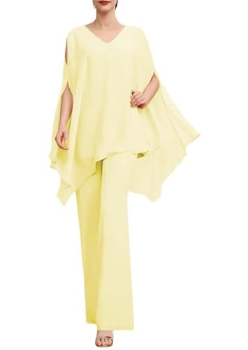 SPSMOKH Zweiteiliges Chiffon-Hosenanzug-Set für die Mutter der Braut, Abendparty, Hosen-Set für Damen, Hochzeitsgästekleid-Set (8, gelb) von SPSMOKH