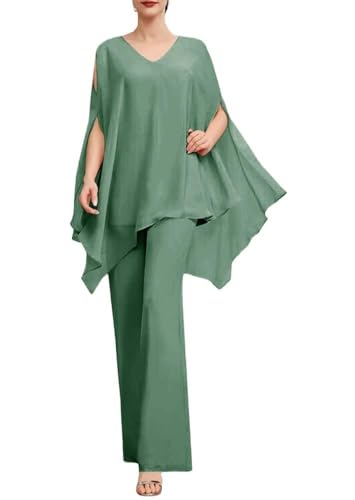 SPSMOKH Zweiteiliges Chiffon-Hosenanzug-Set für die Mutter der Braut, Abendparty, Hosen-Set für Frauen, Hochzeitsgästekleid-Set (10, Pastellgrün) von SPSMOKH