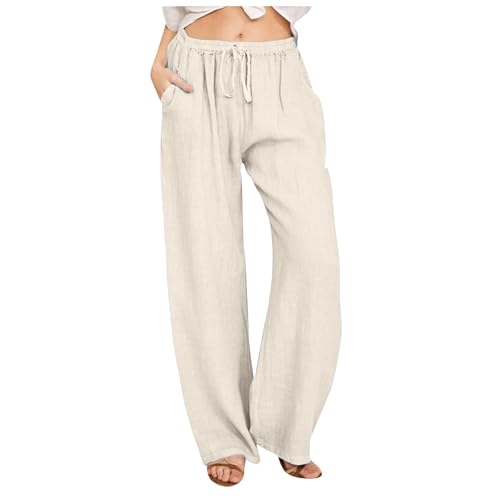 Sommer-Strandhose für Damen, elastischer Bund mit Kordelzug, lockere Passform, weites Bein, gerades Bein, einfarbig, mit Taschen, atmungsaktives Polyester-Baumwoll-Leinen-Stil für den Alltag (1#5, XL) Sommer-Strandhose für Damen, elastischer Bund mit Kordelzug, lockere Passform, weites Bein, gerades Bein, einfarbig, mit Taschen, atmungsaktives Polyester-Baumwoll-Leinen-Stil für den Alltag (1#5, XL) von SPSMOKH