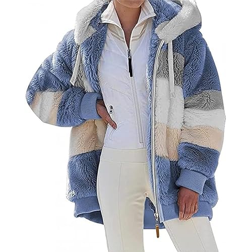 Teddyjacke Damen Mädchen Lang Warmer Wintermantel Steppjacke Mit Kapuze Winter Fleecejacke Warme Teddyjacke Mantel Oversize Leichte Kapuzenjacke Plüschjacke Outfit Teddy-Fleece (Blau, 3XL) von SPSMOKH