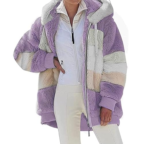 Teddyjacke Damen Mädchen Lang Warmer Wintermantel Steppjacke Mit Kapuze Winter Fleecejacke Warme Teddyjacke Mantel Oversize Leichte Kapuzenjacke Plüschjacke Outfit Teddy-Fleece (Lila, L) von SPSMOKH