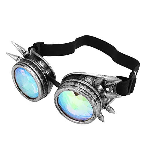 SPYMINNPOO Steampunk Brille, Halloween Kaleidoskop Rave Brille mit Regenbogen Kristalllinsen, Verstellbare Trippy Psychedelische Brille (Antikes Silber) von SPYMINNPOO