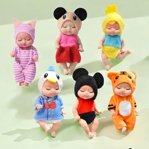 SQAQS 6 Stück Mini Reborn Puppen mit süßen Tierkleidern, 4.3 Zoll Babypuppe für Mädchen, Kleinkinder und Kinder, Newborn Reborn Baby, Mini-Babypuppe, Realistische Babypuppe, Waschbares (Animation) von SQAQS