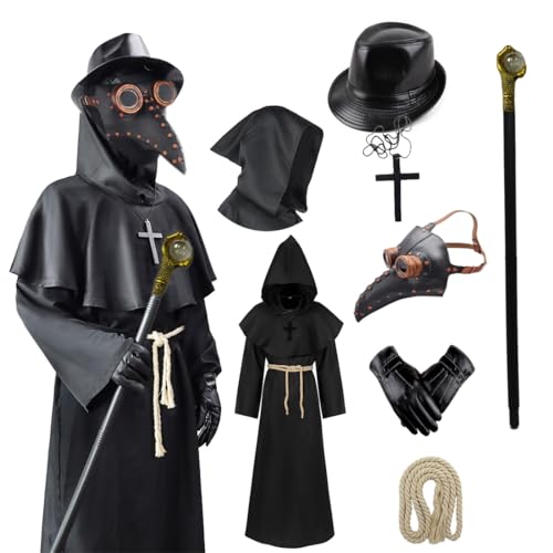 SQCS Halloween-Kostüm, kompatibel mit Pestarzt, mit Maske, Hut, Handschuhen, Gehstock, schwarzer Kapuzenmantel, 6-in-1, Erwachsenen-Outfit für Teenager, Größe L von SQCS