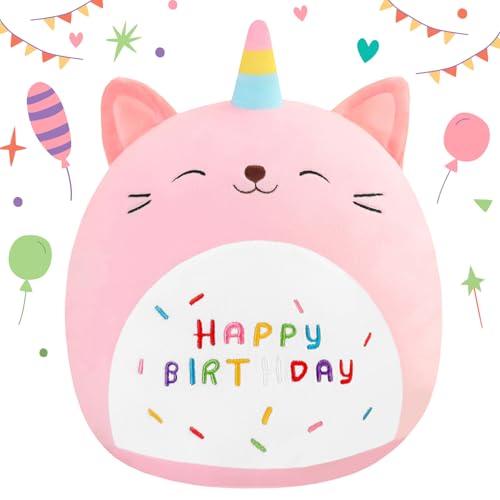 SQEQE Happy Birthday Stuffed Animal 10" Cat Soft Toys Cute Plush Pillow Unicorn Cat Soft Plush for Kid Girl Boy Pink 25CM von SQEQE