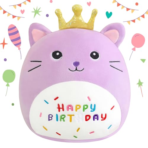 SQEQE Happy Birthday Stuffed Animal 10" Cat Soft Toys with Crown Cute Plush Pillow Cat Plush Toy for Kid Girl Boy Purple 25CM von SQEQE