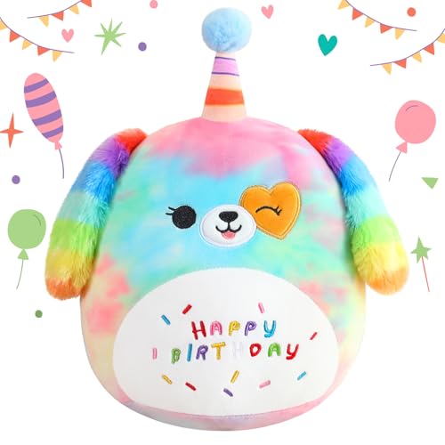 SQEQE Happy Birthday Stuffed Animal 10" Rainbow Dog Soft Toys Cute Plush Pillow Unicorn Dog Plush Toy for Kid Girl Boy 25CM von SQEQE