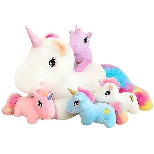 SQEQE Niedliche Einhorn Stofftiere mit 4 Baby Einhorn Plüschtiere in ihrem Bauch, Regenbogen Fliegendes Einhorn Plüschkissen Spielzeug mit Flügeln, Valentinstag Geburtstagsgeschenke für Jungen Mädchen von SQEQE