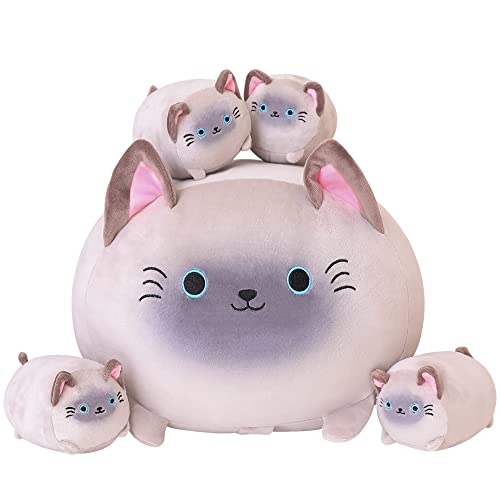 SQEQE Siamese Cat Plush, Cute Siamese Cat Stuffed Animals Mommy with 4 Squishy Kitties in her Tummy, Soft Siamese Cat Plushies Pillow Gifts for Kids von SQEQE