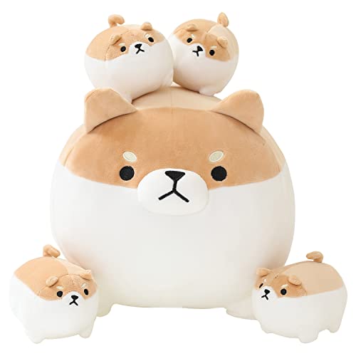 SQEQE Stuffed Animal Shiba Inu Plush Toy with 4 Baby Shiba Inu Plushies in her Tummy, Stuffed Cotton Plush Animal Toy Gift for Kids von SQEQE