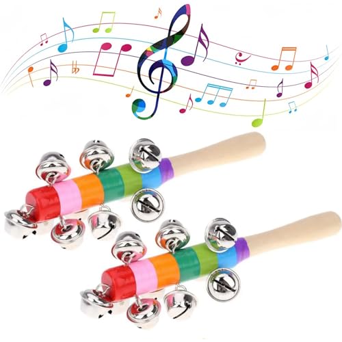 SQHY 2 Stück Weihnachten Holz Jingle Handglocken Regenbogen Jingle Bells Instrument Holz Handheld Glocken Schlitten Glocken Urlaub Musikglocken Regenbogen Glocke Rassel von SQHY