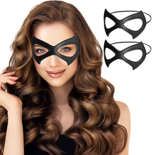 SREBIWO 2PCS Catwoman Maske,Halloween Katzenmaske Schwarze,Halb Gesicht Katze Kätzchen Ledermaske,Katzenaugenmaske mit elastischer Schnur für Halloween Cosplay Maskenparty von SREBIWO