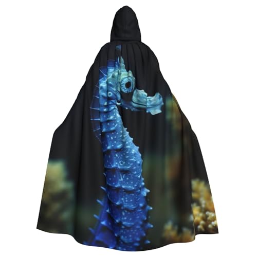 SRSXYMBD Blauer Seepferdchen-bedruckter Halloween-Poncho mit Kapuze, für Erwachsene, Party-Dekoration, Poncho mit Kapuze von SRSXYMBD