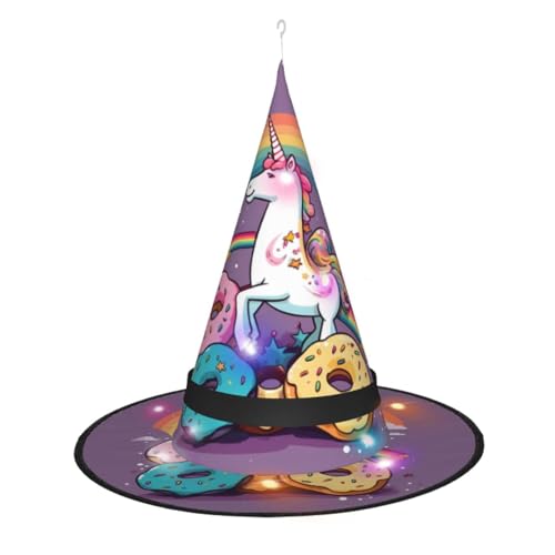 SRSXYMBD Einhorn-Hut, Donut-Motiv, Regenbogen-Druck, Hexenhut, Halloween, leuchtender, spitzer Hut, dekorativer Hut von SRSXYMBD