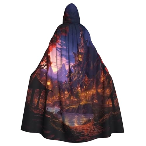 SRSXYMBD Fantasy Town bedruckter Halloween-Poncho mit Kapuze, für Erwachsene, Party-Dekoration, Poncho mit Kapuze von SRSXYMBD