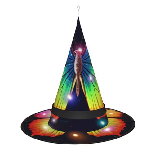 SRSXYMBD Hexenhut mit Regenbogen-Schmetterling-Druck, Halloween, leuchtender, spitzer Hut, dekorativer Hut von SRSXYMBD