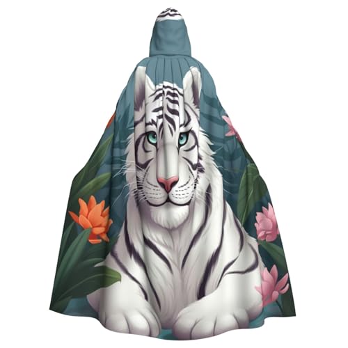 SRSXYMBD Süßer weißer Tiger bedruckter Halloween-Poncho mit Kapuze, für Erwachsene, Party-Dekoration, Poncho mit Kapuze von SRSXYMBD