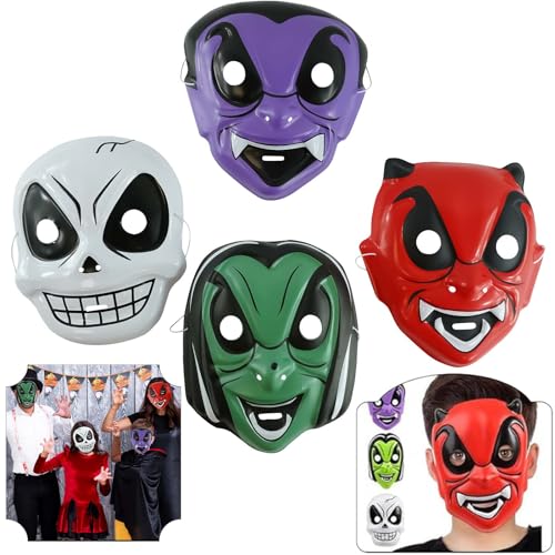 4 x Halloween-Gesichtsmasken für Kinder, Skelett, Vampir, Teufel, Dracula, Anonymes Halloween-Kostüm, Kinderkostüm, Kunststoff, Jungen, Gesichtsbedeckungen, Kostüm, Party-Requisiten – Einheitsgröße von SRV Hub