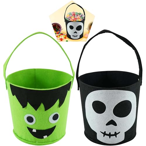 SRV Hub 2 Stück Halloween Filzeimer für Kinder, Frankenstein & Skelett-Designs, wiederverwendbare Süßigkeitentüten, Partygeschenke für Jungen und Mädchen, Tragetasche für Süßes oder Saures, von SRV Hub