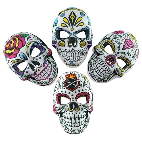 SRV Hub 4 x Tag der Toten Süßigkeiten Schädel Masken EVA Sugar Skull Vollgesichtsmasken Mexiko Party Maskerade Requisiten Halloween Kostüm für Damen Herren von SRV Hub