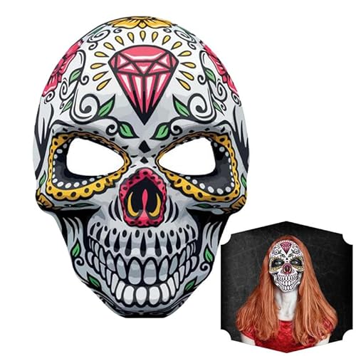 SRV Hub Tag der Toten Sugar Skull Maske, Mexikanische Halloween Maskerade Vollknochen Maske für Unisex Erwachsene, Halloween Festivals Party Kostüm Supplies Cosplay - Diamant-Design von SRV Hub