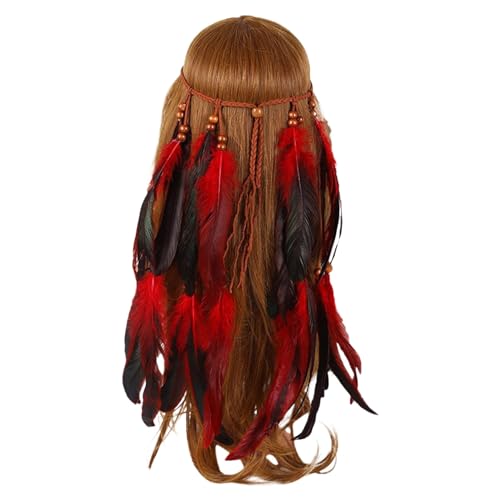 SRZYMJ Feder Kopfschmuck Boho Hippie Stirnband - Fancy Federschmuck Böhmische Kopfbedeckung Quaste für Damen Mädchen Karneval Kopfschmuck, Rot + Schwarz, Einheitsgröße Feder Kopfschmuck Schwarz von SRZYMJ