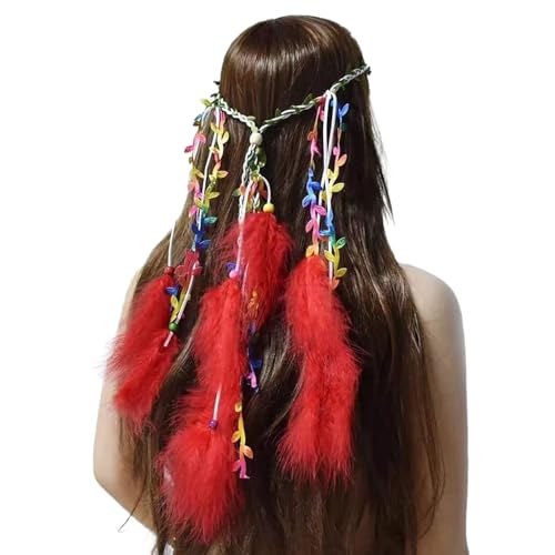 SRZYMJ Feder Kopfschmuck Boho Hippie Stirnband - Fancy Federschmuck Böhmische Kopfbedeckung Quaste für Damen Mädchen Karneval Kopfschmuck, Rot + Schwarz, Einheitsgröße Feder Kopfschmuck von SRZYMJ