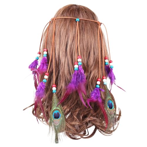 SRZYMJ Indianer Stirnband, Indian Hippie Boho Feder Stirnband Tassel Haarband Pfauenfeder Stirnband für Damen Feder Kopfschmuck Damen Party Headwear Haarschmuck Lila Einheitsgröße von SRZYMJ