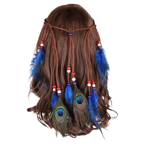 SRZYMJ Indianer Stirnband, Indian Hippie Boho Feder Stirnband Tassel Haarband Pfauenfeder Stirnband für Damen Feder Kopfschmuck Schwarz Festival Party Headwear Blau Einheitsgröße von SRZYMJ