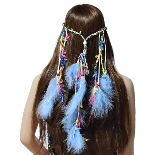 SRZYMJ Indische Feder Stirnband Boho Quaste Hippie Stirnbänder Blau Tribal Kopfschmuck Perlen Festival Party Headwear Haarschmuck für Frauen und Mädchen Feder Kopfschmuck 20Er Lila Haarschmuck von SRZYMJ