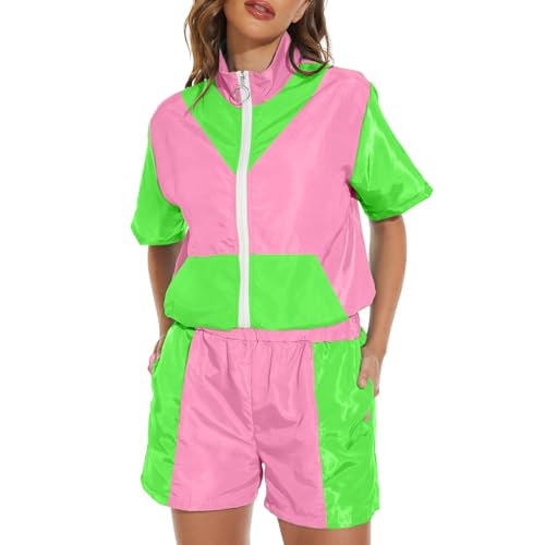 SRZYMJ Karneval Kostüm Herren 90er 80er Jahre Outfit Herren Damen Trainingsanzug Jacke Hose Anzug 80er Accessoire 80er Jahre Kleidung Herren Kostüm Schlagerparty Bad Taste Outfit Paare Karneval Rosa von SRZYMJ