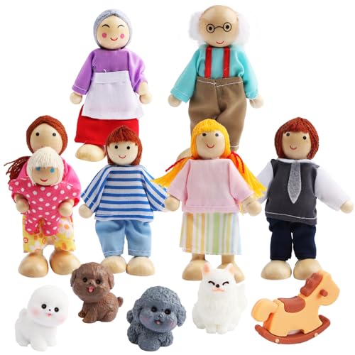 SRunDe 12 Stück Puppenhaus Puppen, Biegepuppen Puppenhaus Figuren Familie Set Holzpuppe Spielzeug mit Katze und Hund für Puppenhäuser Puppenfamilien Mitglieder Spielzeug Zubehör Geschenk von SRunDe