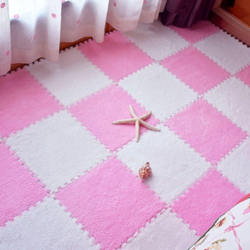 Ineinandergreifender Teppich Ineinandergreifende Schaumstoff-Bodenfliesen, Puzzle-Fußmatten, 12 x 12 x 0,4 Zoll große, verdickte, weiche, quadratische Plüschteppiche Dekoration(Pink+white,10pcs) von SSDDLZEQ