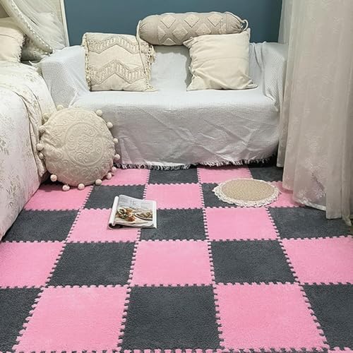 SSDDLZEQ Ineinandergreifender Teppich 36-teilige Schaumstoff-Puzzle-Bodenmatte, weiche, Flauschige Bodenfliesen, selbstzuschneidende Bodenmatte for Krabbeln, Trainieren, Spielen Dekoration(Gray+pink) von SSDDLZEQ