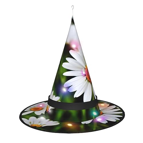 SSIMOO Weiße Gänseblümchen Blumen Damen Halloween Hexenhut - LED Leuchtende Kappe - Ideal für Partys und Rollenspiele von SSIMOO