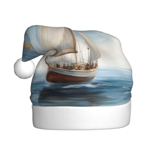 SSIULUS Weihnachtsmütze, nautisches Segelboot, Weihnachtsmannmütze, Unisex, Samt, Weihnachtsmütze für Erwachsene, für Neujahrsparty von SSIULUS