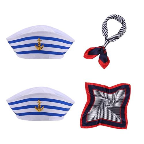 SSKHE 4-teiliges Captain Matrosen-Kostüm-Set, gestreift, Matrosenmütze und Schal, Yacht-Kapitänskappe, marineblaues Outfit, Kostüm, Zubehör für Damen und Herren von SSKHE