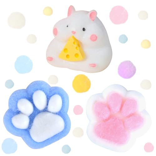 SSKHE Squishy Katzenpfote & Hamster Spielzeug, Stressreduzierend, Tragbar, für Kinder & Erwachsene, Blau/Weiß/Rosa, Tier, Squishy, 7 x 7 x 3 cm, 3 Stück von SSKHE