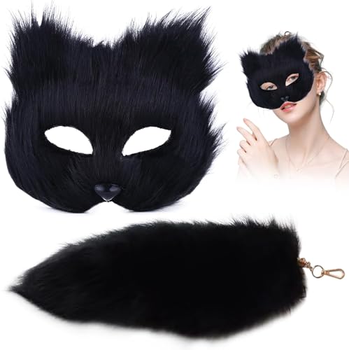 SSKHE Therian Tail Mask Set Schwanz Katzenmaske pelzige Maske,langer Fuchsschwanz-Schlüsselanhänger Furry Halbgesichts-Maskerade-Maske für Cosplay ausgefallene Party Schwarz von SSKHE