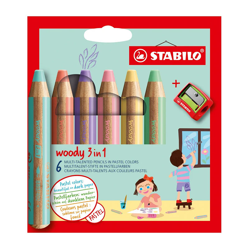 Buntstift STABILO® woody 3in1 Pastel 6er-Set mit Spitzer von STABILO®