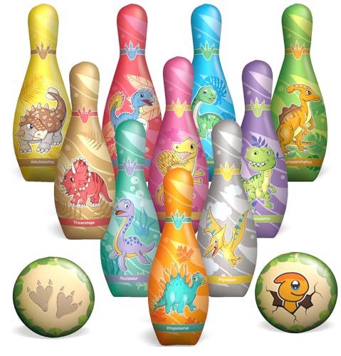 STAY GENT Kegelspiel mit 10 Kegel und 2 Bälle, Dinosaurier Weich Bowlingkugel für Kinder Drinnen Draußen, Bowling Ball Set Geschenke für 3 4 5 6 Jahren Kinder Geburtstag Weihnachten von STAY GENT