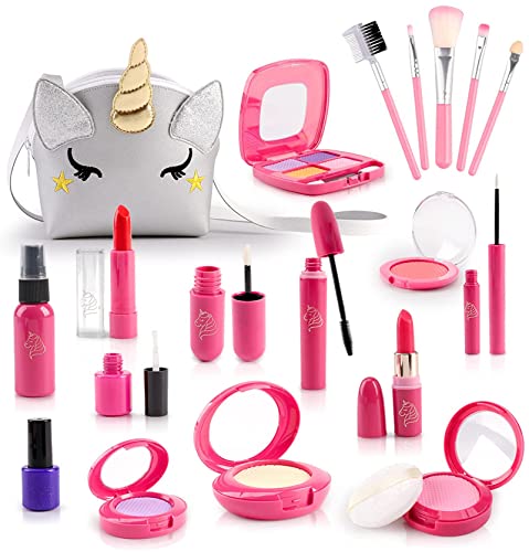 STAY GENT Kinderschminke Set Mädchen 3 4 5 6 7 8 9 10 Jahre, 20 STK Schminkkoffer Mädchen Kinder Schminkset mit Silber Einhorn Tasche, Rollenspiel Geburtstag Geschenke für Kinder (Kein Echtes Makeup) von STAY GENT